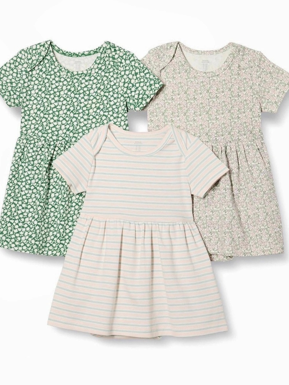 3-pack Amazon Essentials Everyday Baby Girl Dresses in Green & Pink, 6-9m